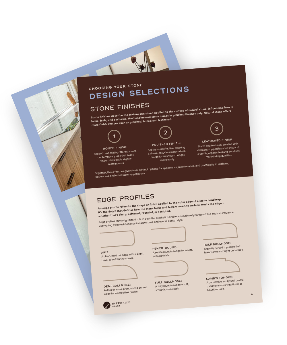 Integrity Stone brochure shows stone worktop options for Mudgeeraba, Gold Coast. Luxury edge profiles, finishes, diagrams.