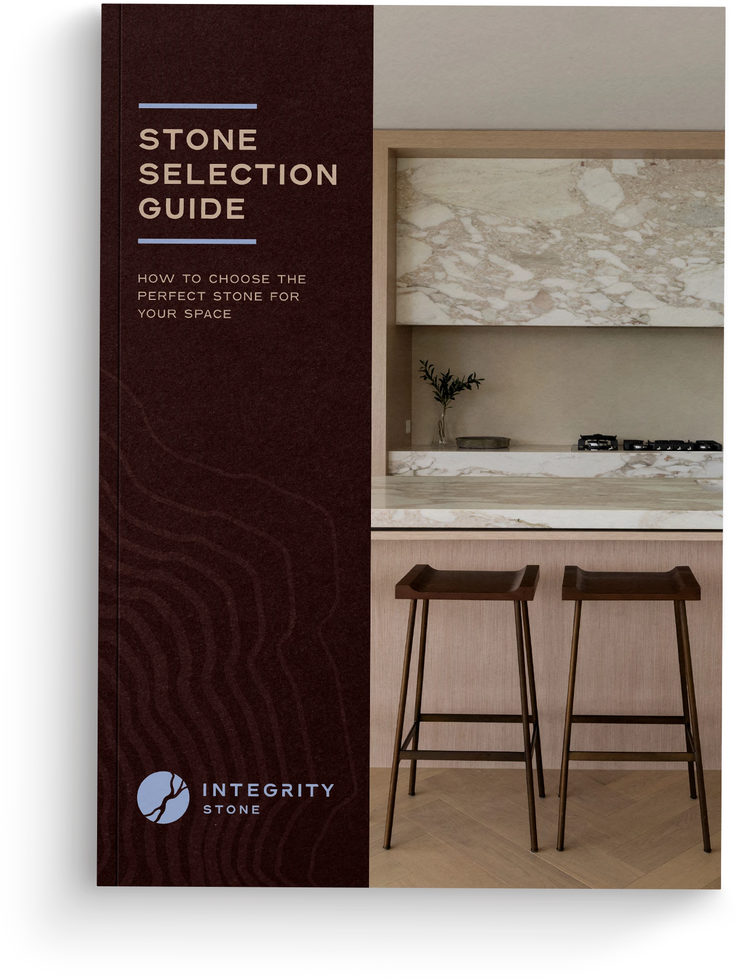 Stone Selection Guide brochure showing a luxury marble worktop kitchen. Integrity Stone Gold Coast logo at bottom.