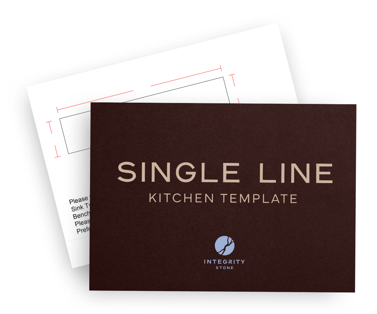 Integrity Stone card on a kitchen layout paper, Luxury stone worktops Mudgeeraba, Gold Coast.